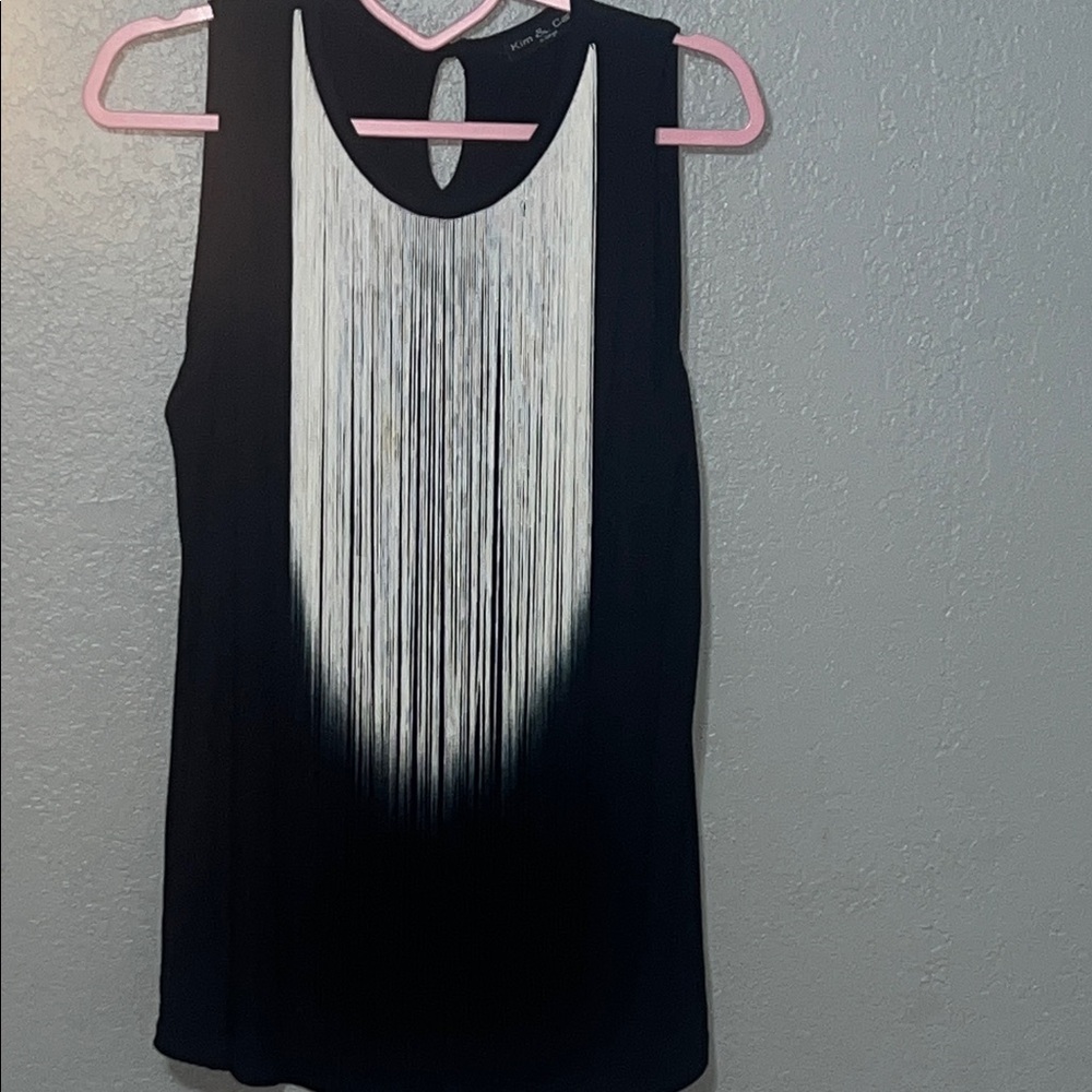 Kim & Cami Black Rayon-Blend Top with fringes size XL